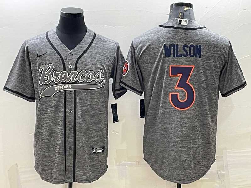 Men%27s Denver Broncos #3 Russell Wilson Grey Gridiron With Patch Cool Base Stitched Baseball Jersey
